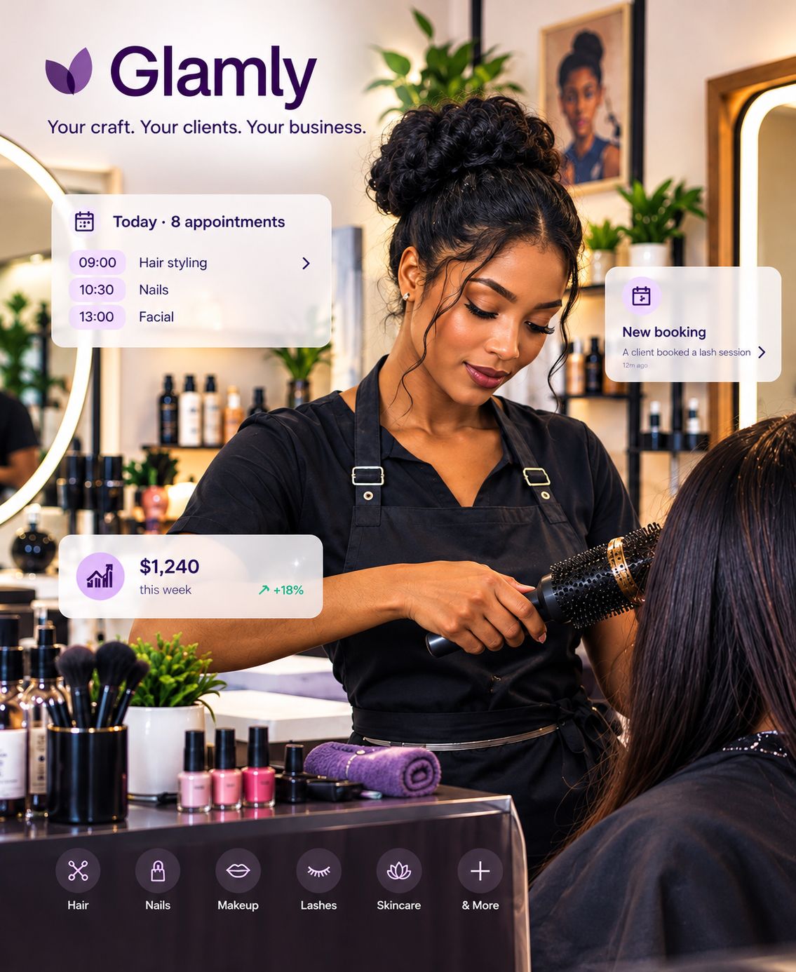 Glamly: your craft, your clients, your business. A stylist finishing a client's hair in a salon.